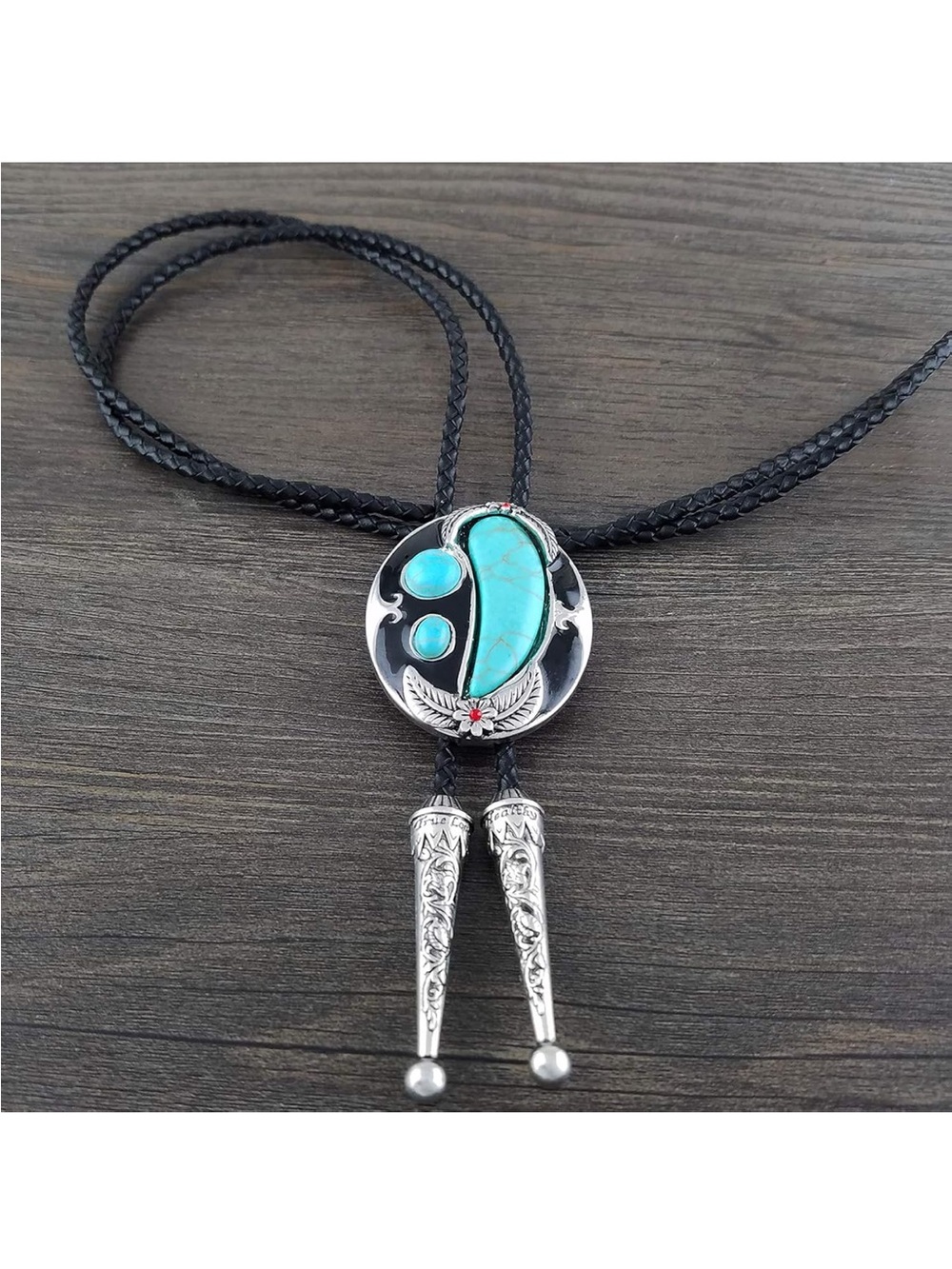 Turquoise Stone Bolo Tie Necklace - Silver Accent Black Cord